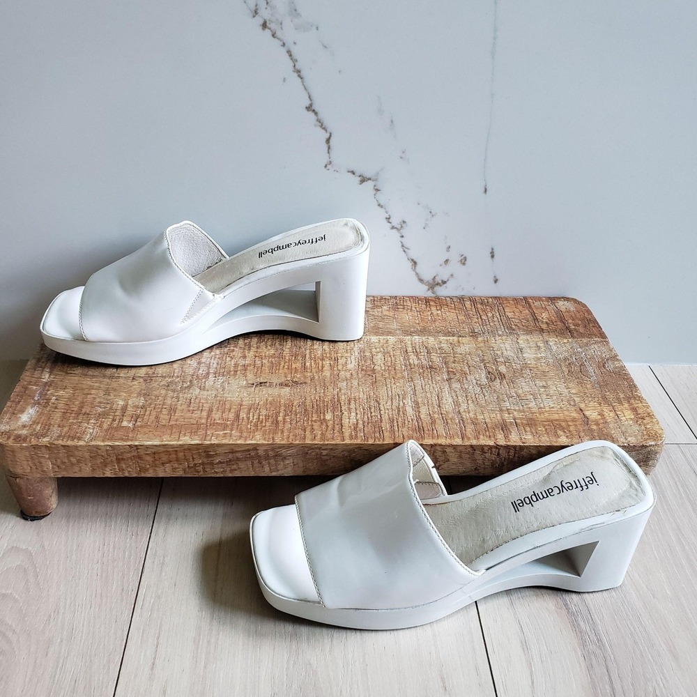 Jeffrey Campbell Sandals Womens 6 White Patent Slide Block Heel Platform Shoes